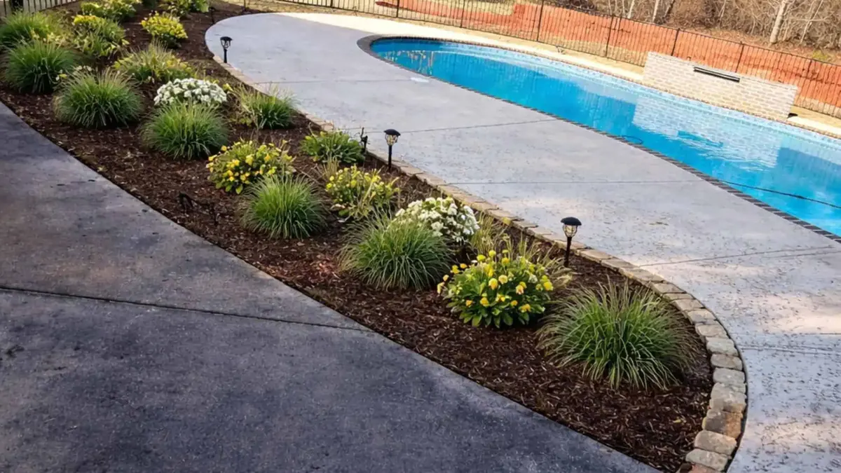 New landscape bed with shrubs and river rock along a pool deck in the SC Midlands